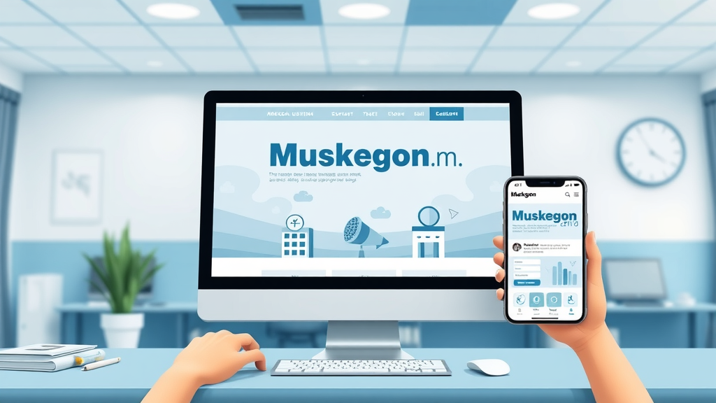 Modern Muskegon business website interface displayed on desktop and phone, showing interactive navigation and local branding for small business web design Muskegon