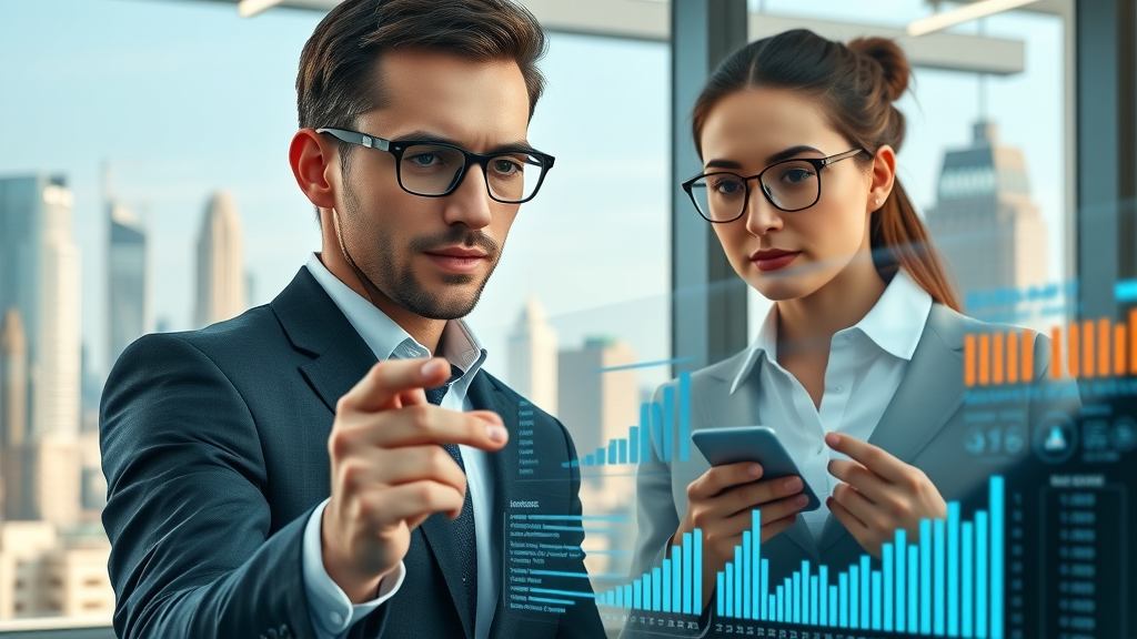Dynamic infographic of marketers analyzing email marketing strategies and statistics for 2025 in high-tech office, city skyline background.