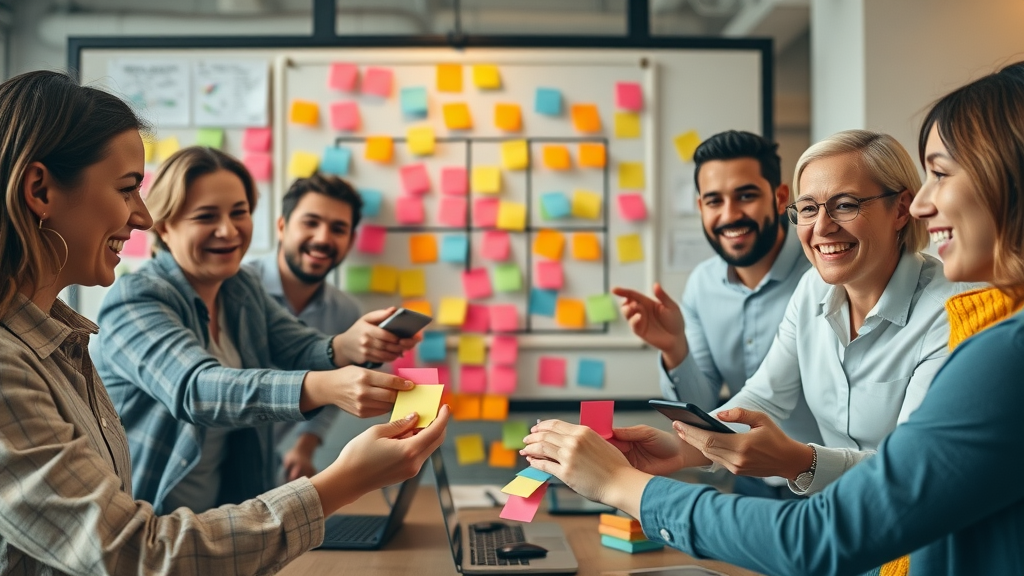 Marketing team brainstorming email marketing campaign lead magnets with sticky notes and digital devices in a creative studio.