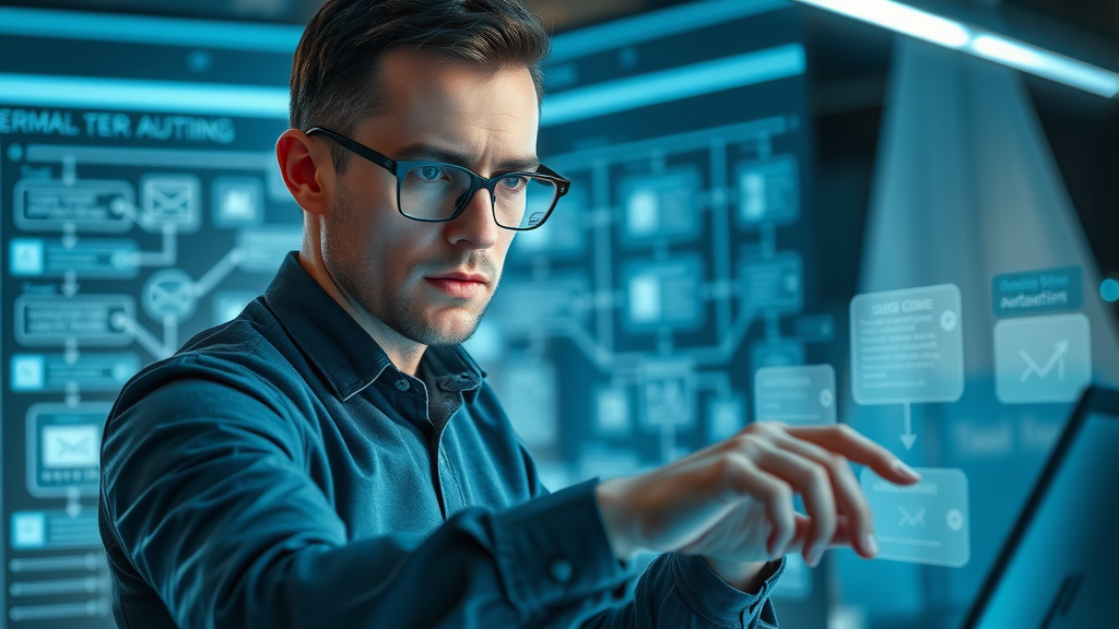 Marketer setting up email marketing automation workflow blocks on a digital interface, minimalist sci-fi platform.
