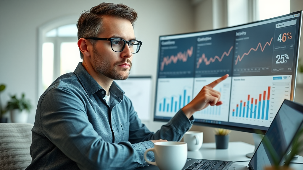 Analytical marketer reviewing email marketing campaign conversion data on an interactive dashboard in sleek workspace.