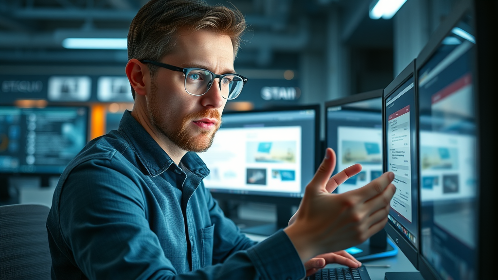 Resourceful marketer conducting A/B testing on email campaign previews in a tech-forward workspace with glowing digital monitors.