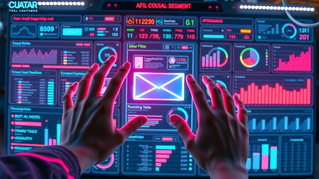 Futuristic AI dashboard visualizing personalized email segments for email marketing strategies in 2025, interactive data layers.