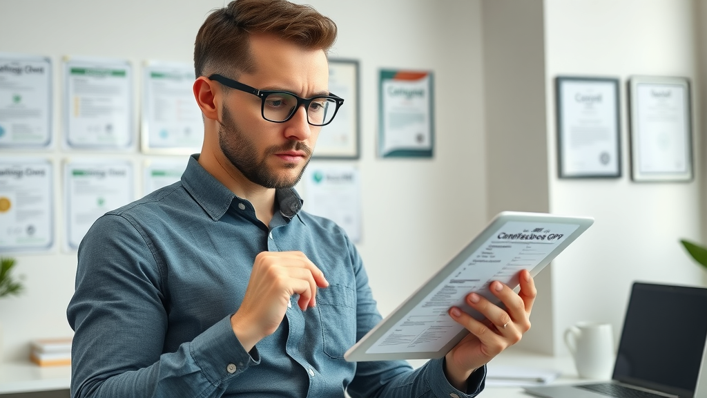 Professional marketer reviewing GDPR and CAN-SPAM email marketing compliance checklist on a digital tablet in a modern office.