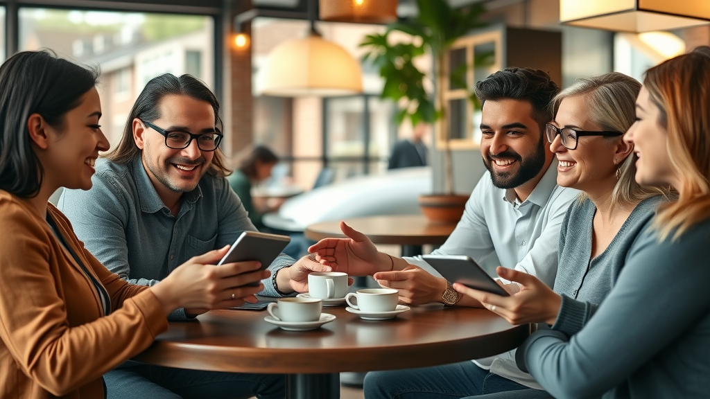 Diverse local business owners collaborating on email and SMS marketing strategy, friendly discussion in a cozy community café.