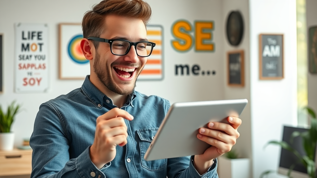 Excited small business owner reading about exclusive SEO offer on tablet with joyful smile, bright office.