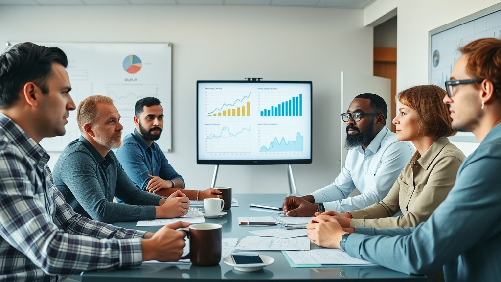 Insightful business meeting, group of diverse local business owners from Muskegon discussing local digital marketing Muskegon strategy in modern office with analytics displayed