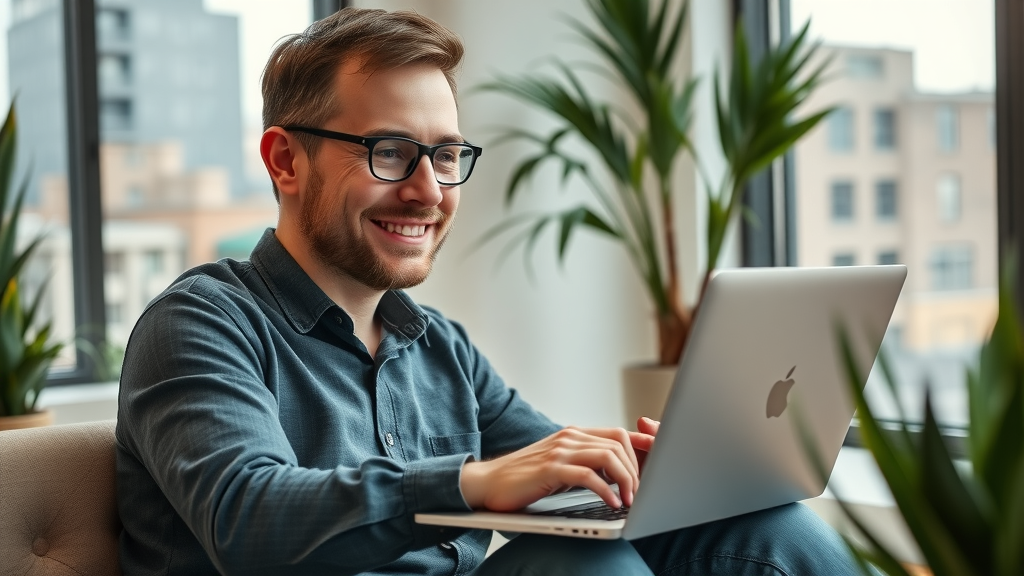 Modern website interface, happy Muskegon small business owner reviewing new web design, showcasing digital marketing and SEO benefits