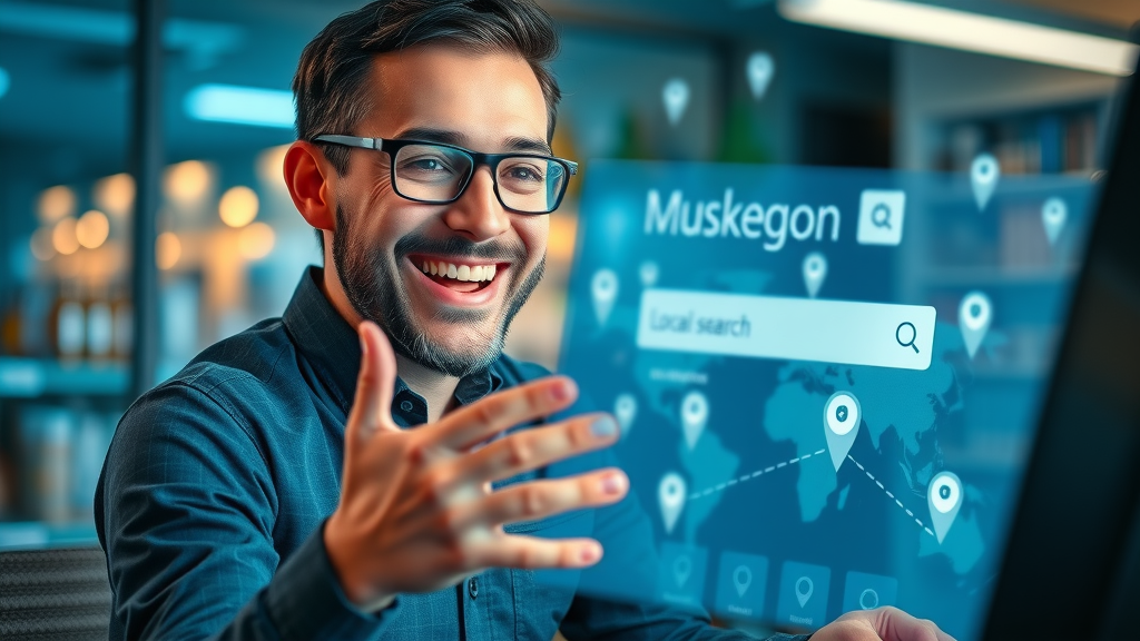 Dynamic search engine interface, Muskegon business owner excited to see local SEO success and high Google ranking