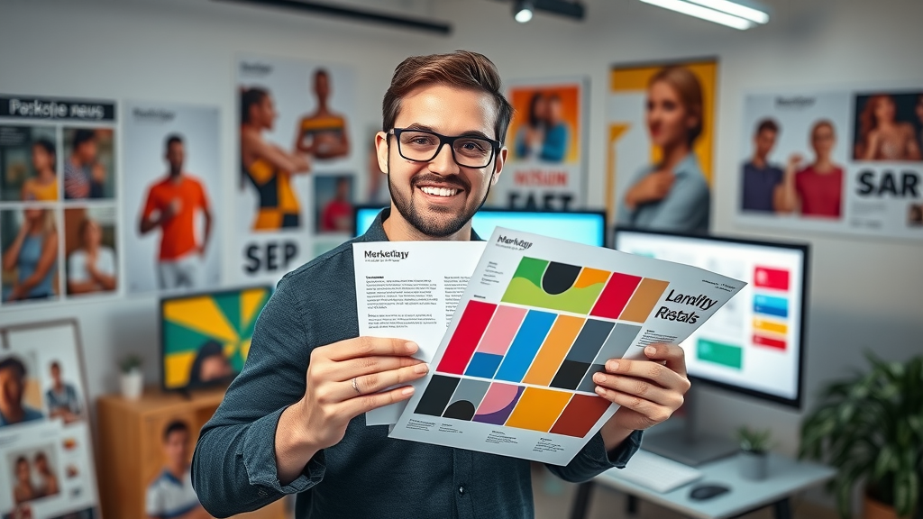 Striking marketing visuals, Muskegon graphic designer presenting colorful brand materials and digital marketing strategies