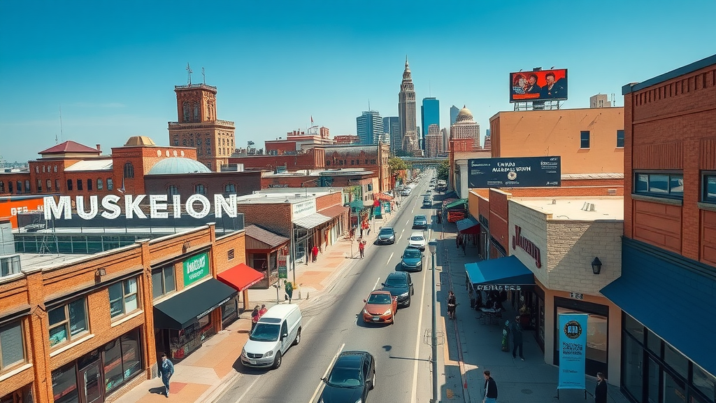 Dynamic aerial skyline of downtown Muskegon Michigan showcasing bustling small businesses and digital marketing opportunities