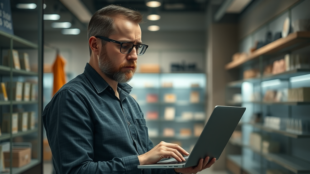 Somber Muskegon business owner inside a dim storefront realizing the impact of poor digital marketing and lost online sales