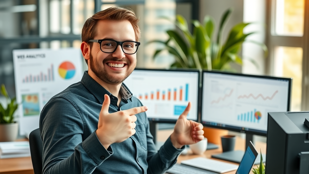 Confident Muskegon digital marketing professional presenting web analytics and SEO reports in a modern office environment