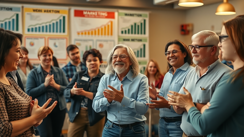 Motivational group of Muskegon business owners learning marketing growth hacks together at a community workshop