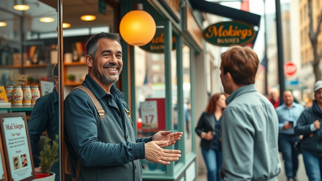 Vibrant small business storefront with owner engaging the community, showcasing business marketing and local video branding services