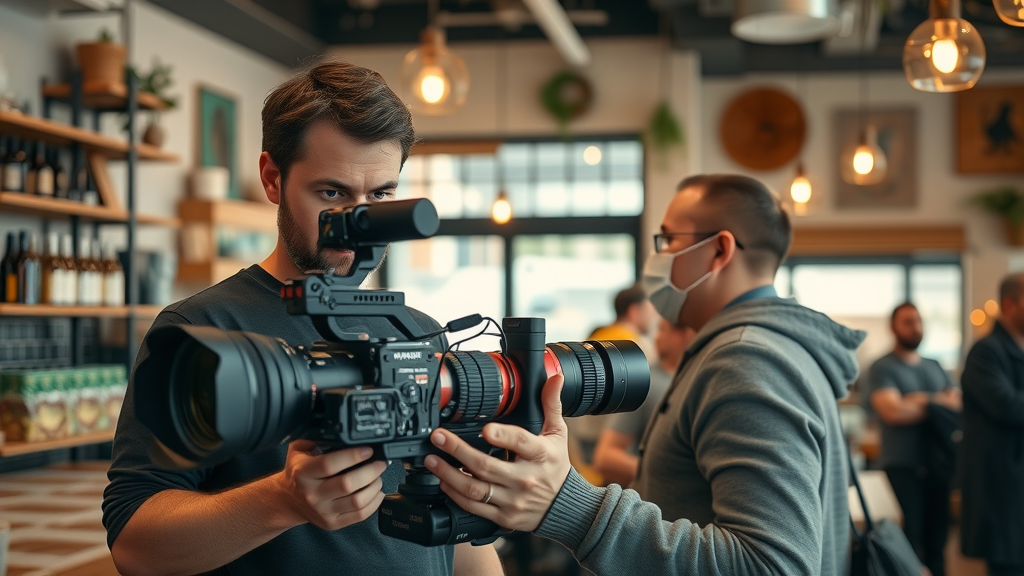 Small business owner using local video branding services to connect with community in local market