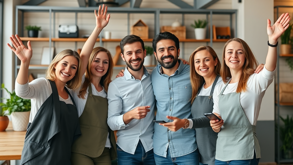 Small business team celebrating success after launching local video branding services in digital marketing campaign