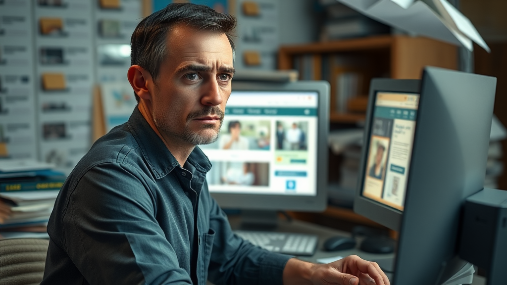 disappointed Muskegon small business owner with outdated website, cluttered office, stressed expression
