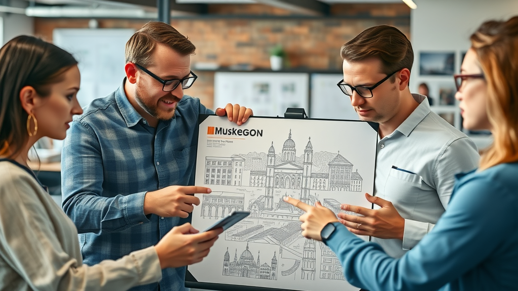 team of Muskegon web designers with digital devices, sketches of Muskegon landmarks, creative workspace