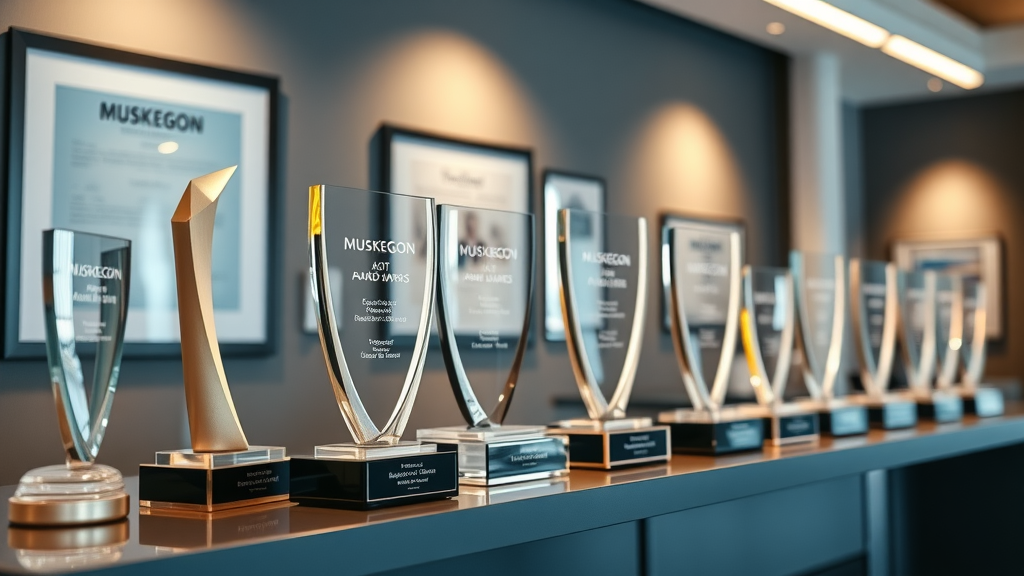 digital design trophies, Muskegon business awards, elegant office display, modern digital design company