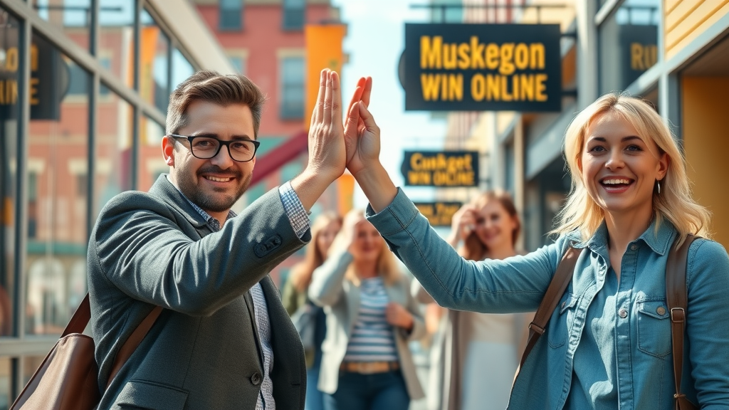 Dynamic graphic of Muskegon small businesses succeeding online, digital marketers celebrating improved ppc advertising Muskegon results on vibrant downtown street.