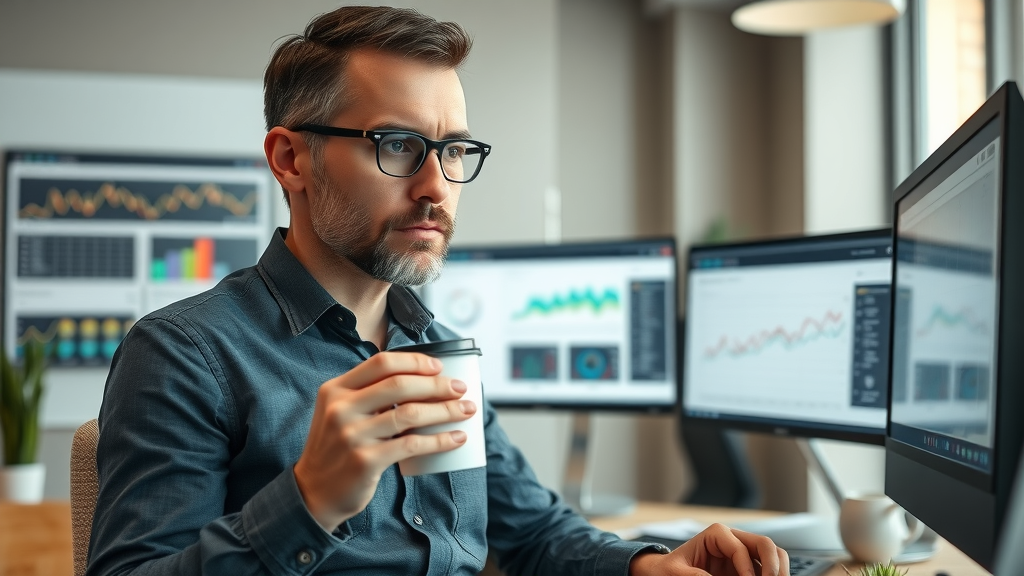 Serious digital marketing expert in Muskegon reviewing failed PPC ad campaigns, digital screens with analytics, focused on improving ppc advertising Muskegon performance.
