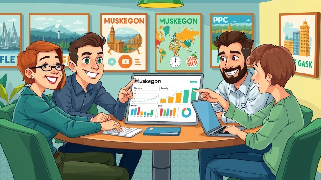 Enthusiastic Muskegon marketing agency team collaborating and discussing PPC advertising Muskegon strategy, blue and green color palette.