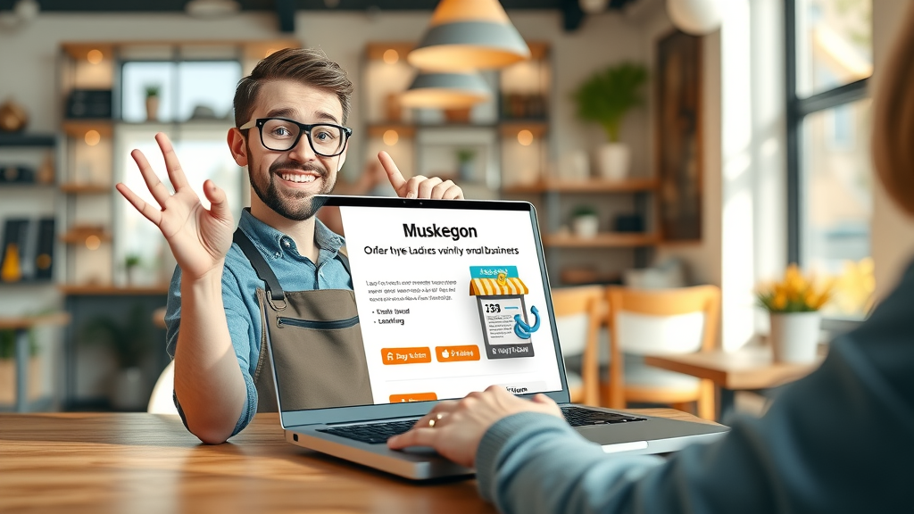 Attractive Muskegon business website displayed on laptop, local business owner optimizing landing page for ppc advertising Muskegon, cozy café atmosphere.