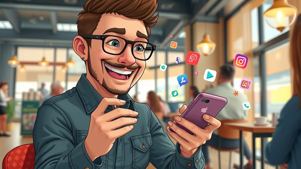 Happy Muskegon social media influencer using smartphone to share PPC advertising Muskegon ads across digital platforms, busy café background.