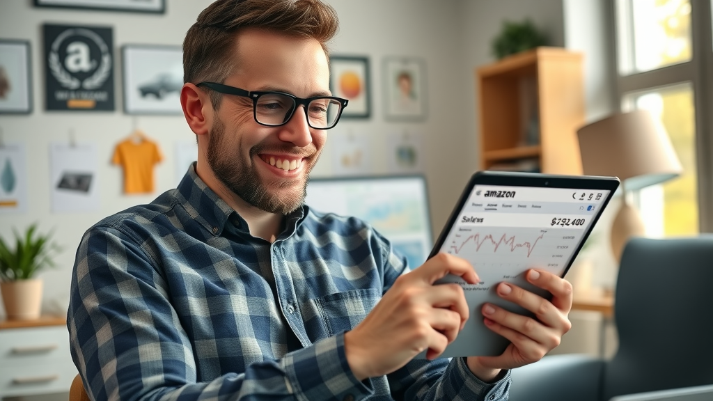Professional Muskegon e-commerce seller reviewing Amazon PPC advertising Muskegon results and sales on a tablet, Muskegon-themed office.