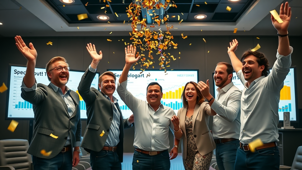 Elated Muskegon business team celebrating PPC advertising success, lead and revenue growth with digital analytics chart, boardroom confetti.