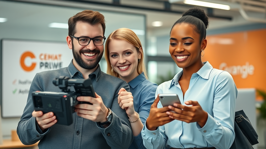 brand awareness videos dynamic small business team, confident expression, interacting with digital devices and recording video, modern office background, brand colors, subtle logo elements, natural soft lighting, crisp resolution