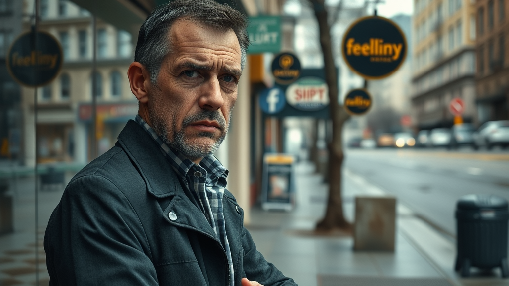 brand awareness videos concerned business owner, worried expression, looking at empty storefront and low online engagement statistics, city street, closed shops, faded signage, subtle rain, muted color palette, moody overcast lighting