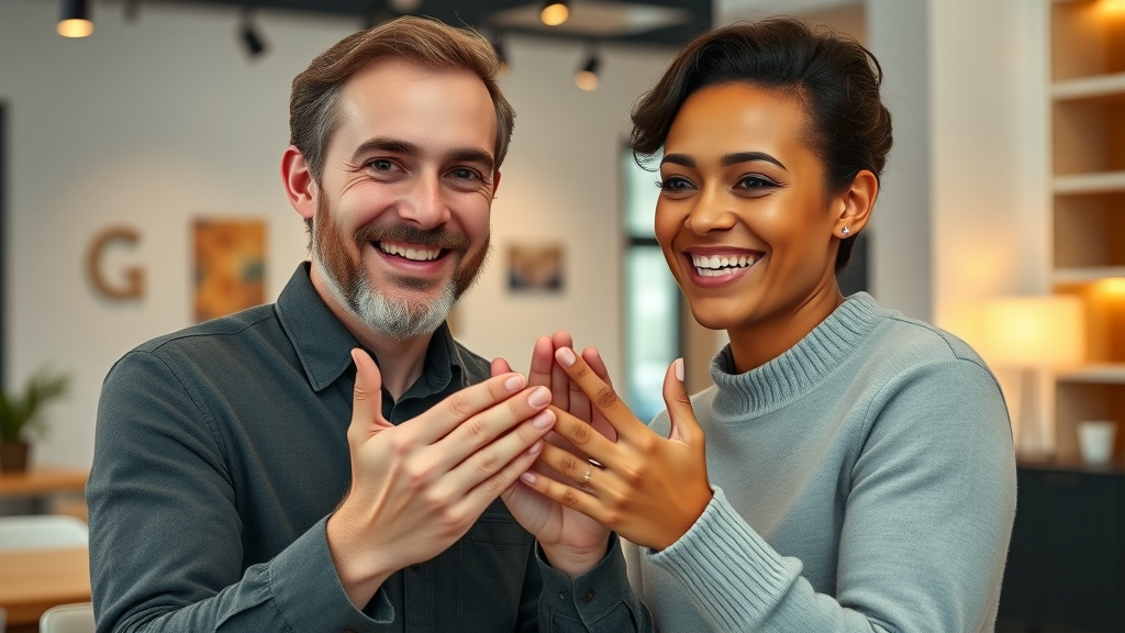 brand awareness videos smiling satisfied customers, genuine expression, sharing positive feedback on camera, modern studio, company branding, warm inviting colors, hand gestures, 50mm portrait lens
