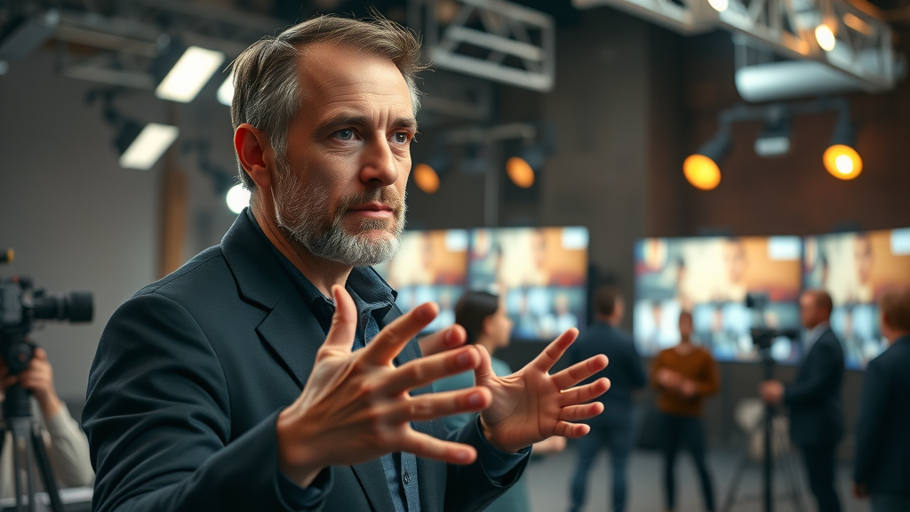 brand awareness videos creative director, orchestrating a video shoot, video set, lighting equipment, storyboard screens in background, muted neutral tones, pops of branding color, spotlight and fill lighting
