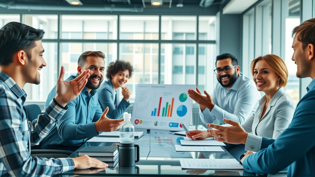 brand awareness videos innovative marketing team, collaborative expression, strategizing with digital charts and branded video mockups, corporate conference room, Fortune 500 branding details, daylight-balanced lighting, tilt-shift lens