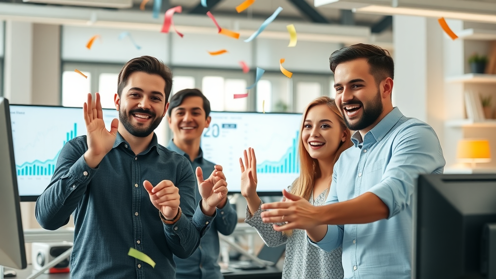brand awareness videos happy small business team, celebratory expression, reviewing improved website analytics and engagement figures, startup office, digital monitors, animated confetti, well-lit with daylight and soft accent lighting