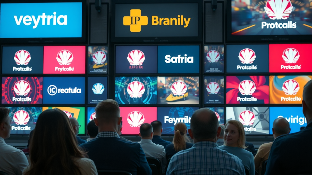 brand awareness videos sequence of brand logos, progressive recognition in viewers, sequence of digital screens showing the same brand in different contexts, motion trails, unified color story, spotlighted logo