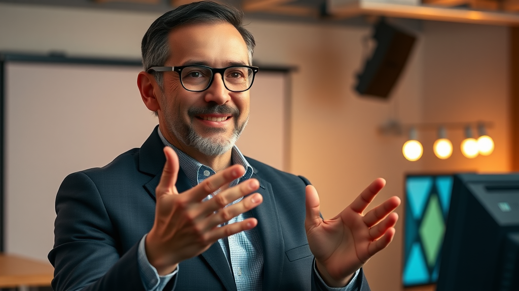 brand awareness videos charismatic presenter, assured expression, delivering a brand message on video, branded set, consistent visual theme, narrative cues, soft warm studio light