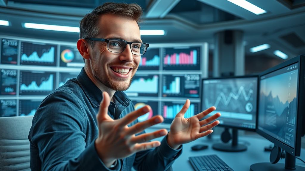 brand awareness videos motivated entrepreneur, inspired expression, engaging in a virtual meeting about video marketing strategy, high-tech workspace, digital dashboards, video content projections, silver-blue color tones, ambient LED lighting