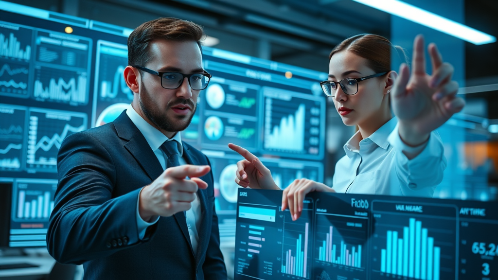 Futuristic digital marketing dashboard showing emerging marketing technologies, data analytics, and business professionals analyzing digital marketing metrics in 2025