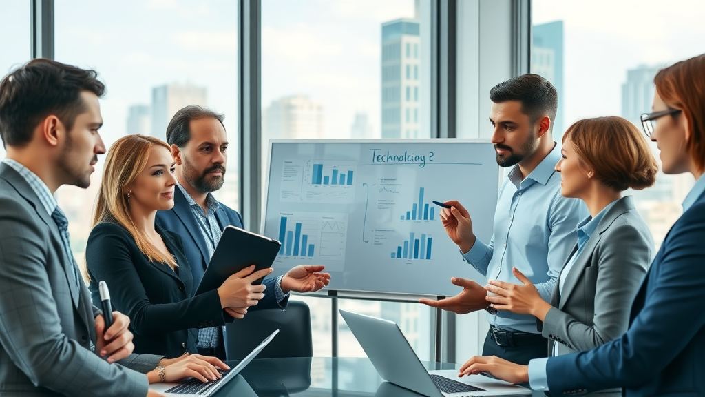 Professional marketing team meeting discussing complex technology strategy in a modern boardroom, focusing on martech stack, AI, data analytics for digital marketing
