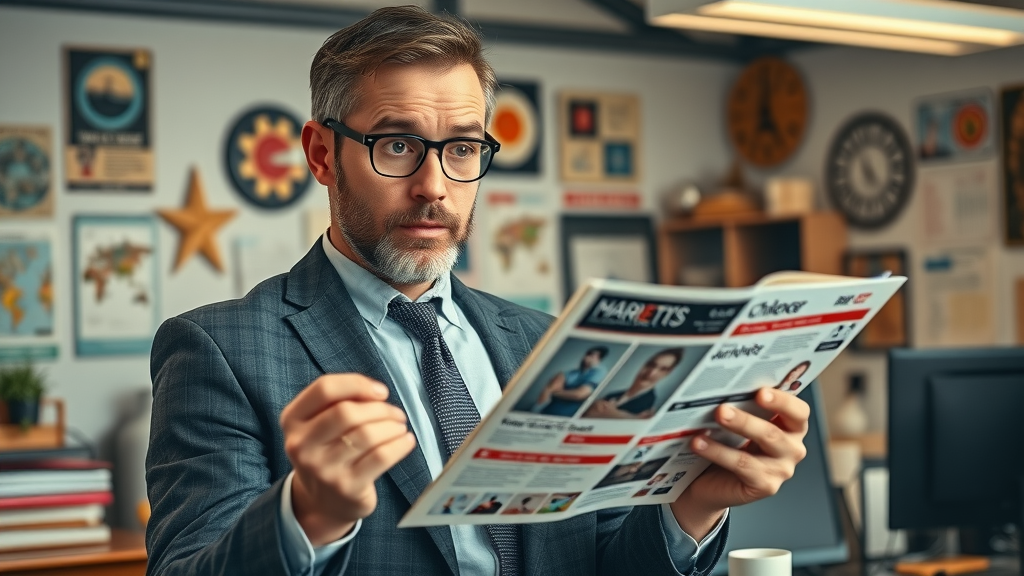 Business owner comparing traditional marketing materials with modern digital tools, highlighting the evolution of marketing technology and the choice between old and new