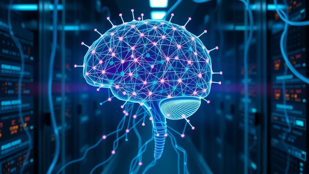 Cutting-edge AI system showing a digital brain and flowing data streams, representing artificial intelligence and machine learning in digital marketing technology