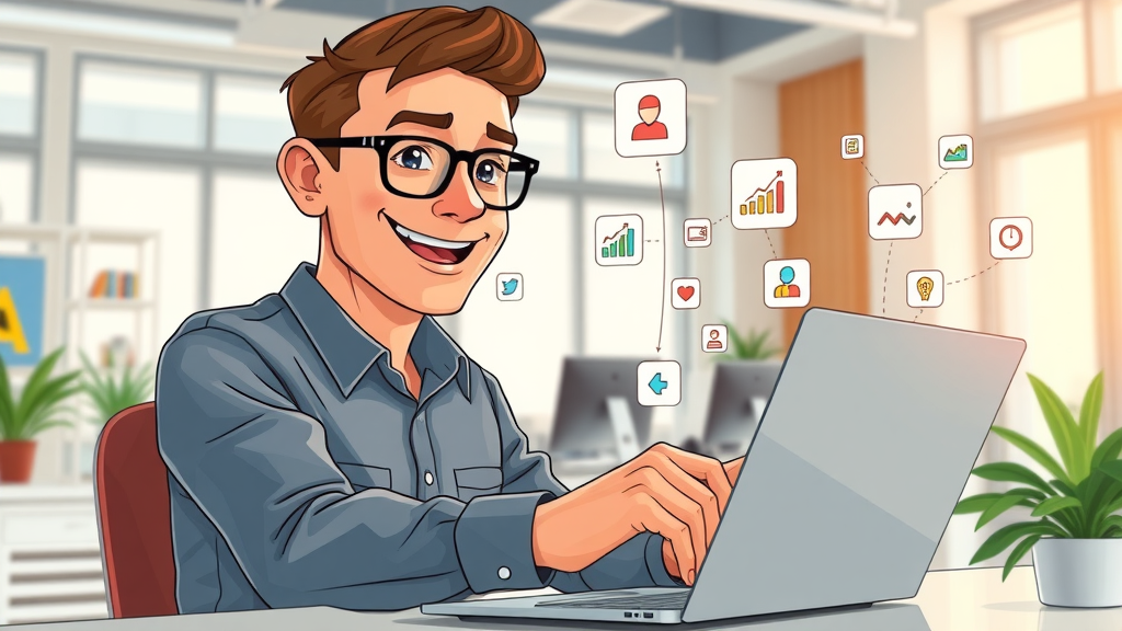 Marketer automating marketing workflow on laptop, selecting automation tools and analytics for improved marketing efforts, modern martech stack visualization