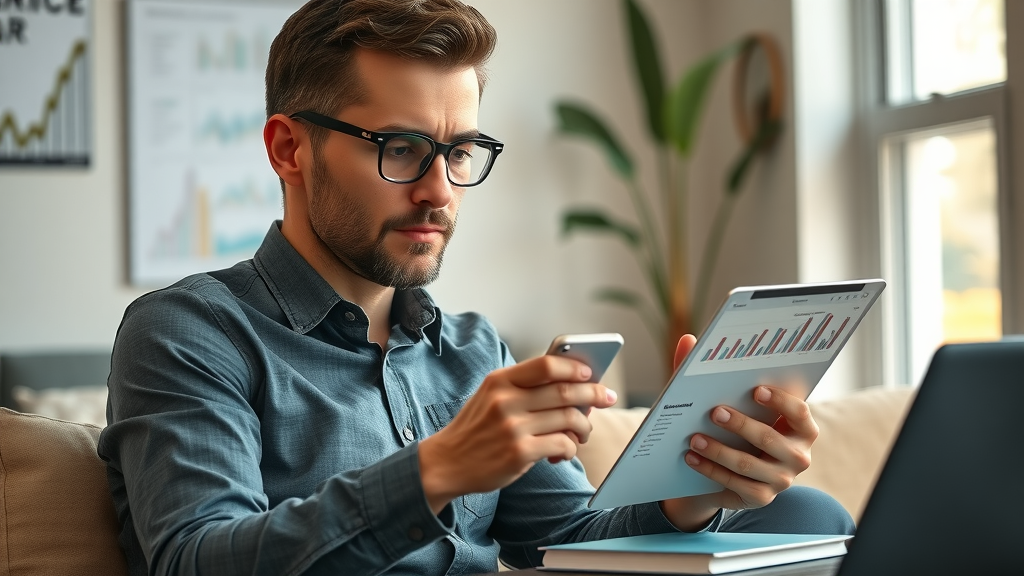 Small business owner reviewing marketing tech stack options, evaluating charts and data analytics trends on digital tablet, cozy modern workspace