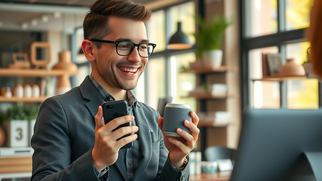 Small business employee using smart speaker for voice search, improving customer engagement and digital marketing results in local business