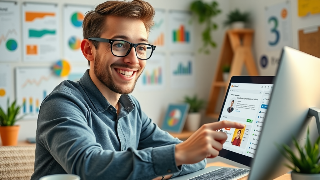 Marketer customizing automated email campaign for personalized local marketing, using marketing technology and automation in a colorful home office