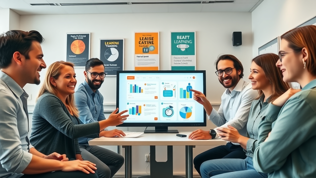 Small business staff training session with interactive digital marketing technology, onboarding martech stack and marketing automation with enthusiastic team