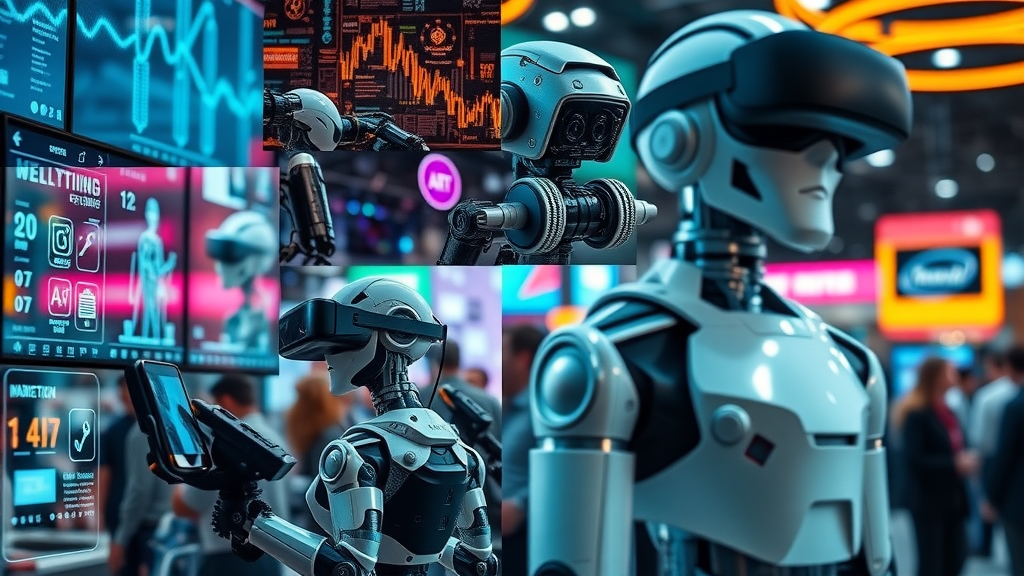 Montage showcasing diverse marketing technologies, including AR/VR, automation robots, and digital marketing screens, highlighting innovation in marketing tech